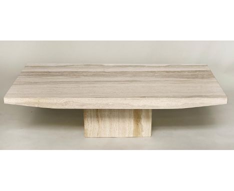 HEAL AND SON TRAVERTINE LOW TABLE, 1970s Italian marble rectangular with plinth base, 150cm x 70cm x 40cm H. 