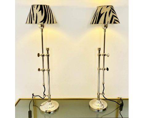 LIBRARY TABLE LAMPS, a pair, height adjustable, faux zebra hide shades, 68cm x 20cm x 20cm. 