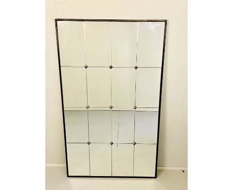 ARCHITECTURAL WALL MIRROR, segmented plate in black frame, gilt stud detail, 120cm x 70cm. 