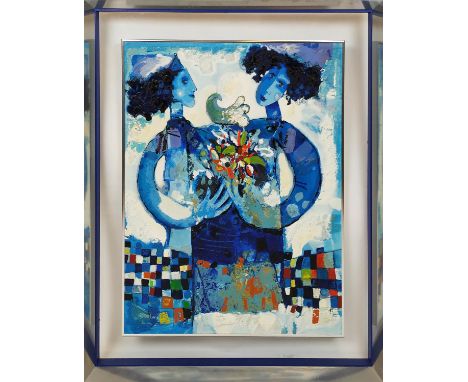 YOEL BENHARROUCHE (B1961), 'Women with Flowers', acrylic and serigraph on board, 70cm x 57cm, signed and numbered in pencil, 