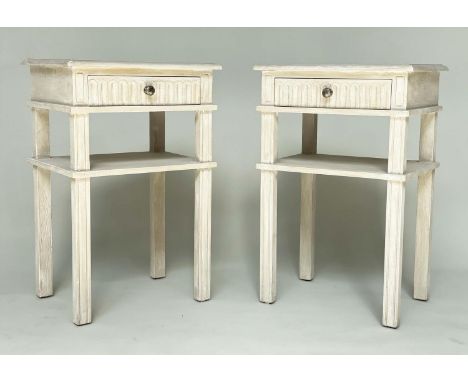 LAMP TABLES, a pair, French style grey painted each with drawer and undertier and fluted detail, 46cm x 35cm x 72cm H. (2) 