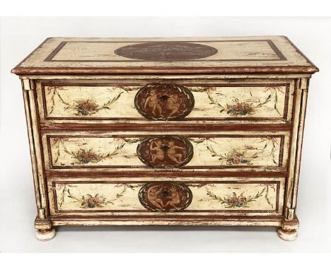VENETIAN COMMODE, 19th century painted Neo Classical with floral swags and columns with three long drawers, 137cm W x 66cm D 