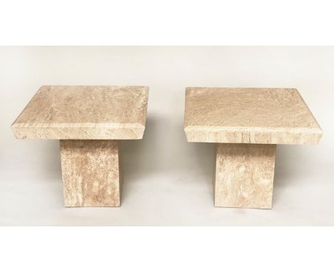 TRAVERTINE LAMP TABLES, a pair, 1970's Italian marble each square with plinth bases, 60cm x 60cm x 50cm H. (2) 