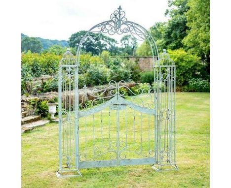 ARCHITECTURAL GARDEN GATES, a pair, 250cm high, 185cm wide, 38cm deep, Regency style, aged painted finish. (2) 