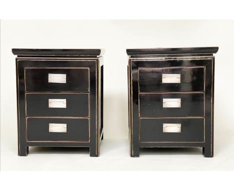 LAMP TABLES, a pair, Chinese lacquered and silvered metal each with three drawers, 45cm x 45cm x 56cm H. (2) 