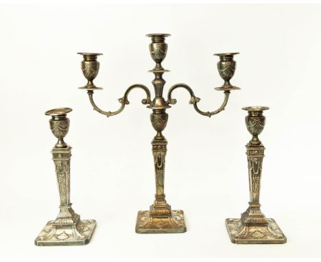 A NEO-CLASSICAL STYLE SILVER CANDELABRUM AND CANDLESTICK SET, Birmingham 1969, makers mark for Barker Ellis Silver Company, i