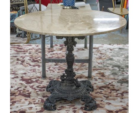 CENTRE TABLE, 79cm H x 100cm, part Victorian cast iron with modern revolving circular marble top. 