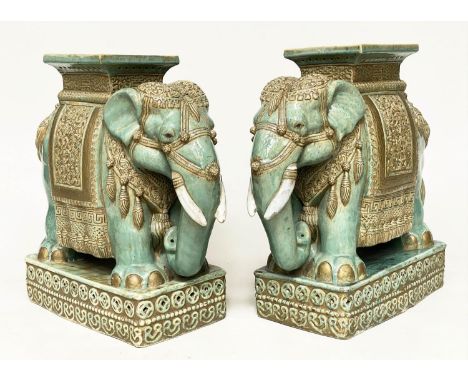 GARDEN ELEPHANT STOOLS, a pair, jade green and gilt ceramic ceremonial style with seats and plinths, 54cm H x 55cm. (2) 