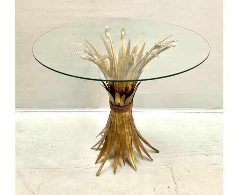 MAISON JANSEN STYLE SIDE TABLE, wheat sheaf design, gilt metal and glass, 60cm x 70cm x 70cm. 