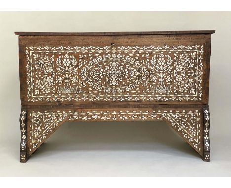 SYRIAN CABINET, 19th century Syrian hardwood, bone, mother of pearl and silvered metal inlaid with fall front enclosing shelv