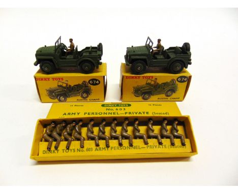 THREE DINKY MILITARY MODELS  comprising a Dinky No.674, Austin Champ, olive drab with matching ridged hubs and chunky tread p