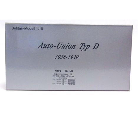 A 1/18 SCALE CMC AUTO-UNION TYPE D, 1938-39  silver, mint or near mint, boxed.  