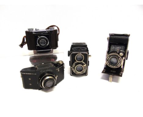 FOUR ASSORTED CAMERAS  comprising an Eho Altiflex twin lens camera, with a Victar 1:2.9 f=7.5cm viewing lens and a Victar 1:2