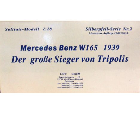 A 1/18 SCALE CMC MERCEDES-BENZ W165, 1939  silver, mint or near mint, boxed.  