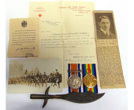 A GREAT WAR CASUALTY PAIR OF MEDALS TO PRIVATE B.J. ROWE, 15TH BN CANADIAN INFANTRY  comprising the British War Medal 1914-20