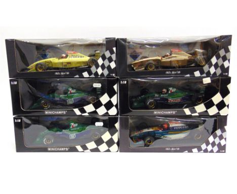 SIX 1/18 SCALE JORDAN FORMULA 1 RACING CARS  comprising a Minichamps Jordan Ford 191 (M. Schumacher); Minichamps Jordan Ford 