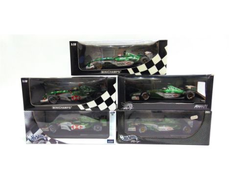 FIVE 1/18 SCALE JAGUAR FORMULA 1 RACING CARS  comprising a Hot Wheels Jaguar R1 (E. Irvine); Hot Wheels Jaguar R4 (M. Webber)