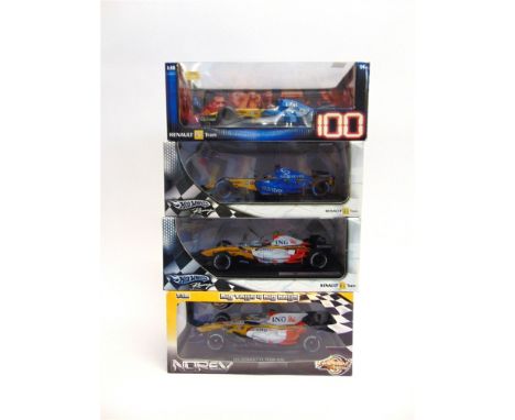 FOUR 1/18 SCALE RENAULT FORMULA 1 RACING CARS  comprising a Hot Wheels Renault R25 (F. Alonso); Hot Wheels Renault R26 (F. Al