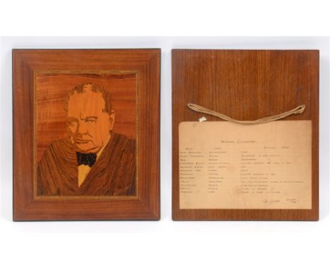 WINSTON CHURCHILL - A MARQUETRY PRESENTATION PORTRAIT   by George Geddie, the timbers and their country of origin identified 