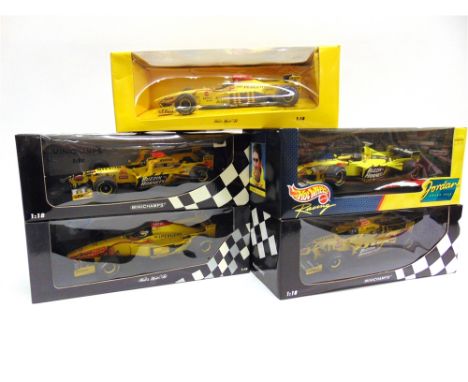 FIVE 1/18 SCALE JORDAN FORMULA 1 RACING CARS  comprising a Minichamps Jordan 196 (G. Fisichella); Paul's Model Art Jordan Peu