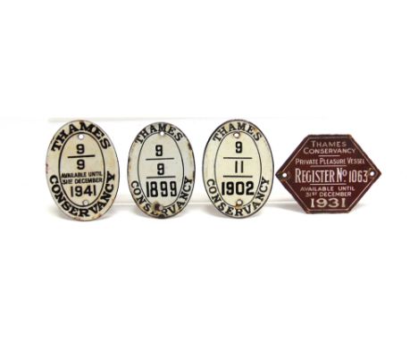 FOUR THAMES CONSERVANCY ENAMEL LICENCE PLATES  for 1899, 1902, 1931 and 1941.
