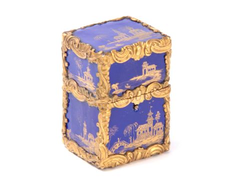 A 19th CENTURY FRENCH ROCOCO ORMOLU AND ENAMEL PERFUME BOTTLE HOLDER the blue enamel having gilt Japanese decoration depictin