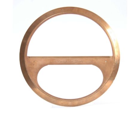 DAVIS &amp; SON, DERBY A 19TH CENTURY BRASS PROTRACTOR with 360 degree calibrated outer ring and cut-out centre 23cm diameter