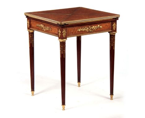 A FINE 19TH CENTURY FRENCH ORMOLU MOUNTED ROSEWOOD AND PARQUETRY INLAID ENVELOPE CARD TABLE in the manner of SORMANI  the bra