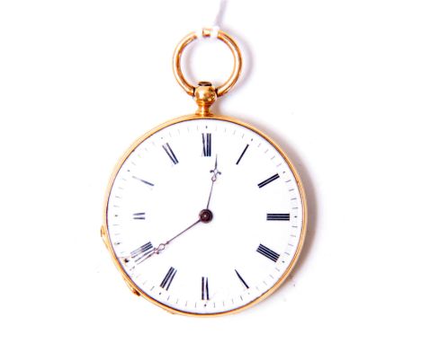 A MID 19th CENTURY SWISS 14K GOLD OPEN FACE POCKET WATCH having an engine-turned case of woven design inscribed on the inner 