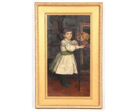 WILLIAM HIPPON GADSBY R.B.A. FL 1869 - 1893. OIL ON CANVAS. A full-length portrait of a young girl in a white dress leaning a