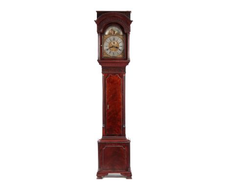 NATHANIAL BROWN, MANCHESTER. A LATE 18th CENTURY FIGURED MAHOGANY CASED LONGCASE CLOCK the hood with arched blind fret pedime