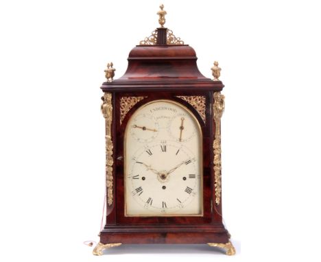 UNDERWOOD, LONDON. A GEORGE III FIGURED MAHOGANY AND ORMOLU MOUNTED QUARTER CHIMING BRACKET CLOCK WITH ALARM the bell top cas