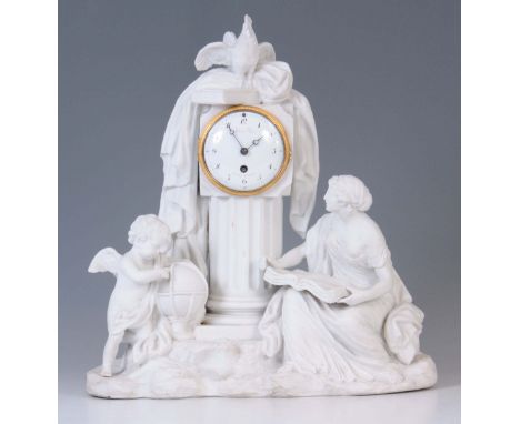 BLANC FILS PALAIS EGALITE. A 19TH CENTURY FRENCH SEVRES STYLE BISQUE PORCELAIN FIGURAL MANTEL CLOCK depicting Venus and Cupid