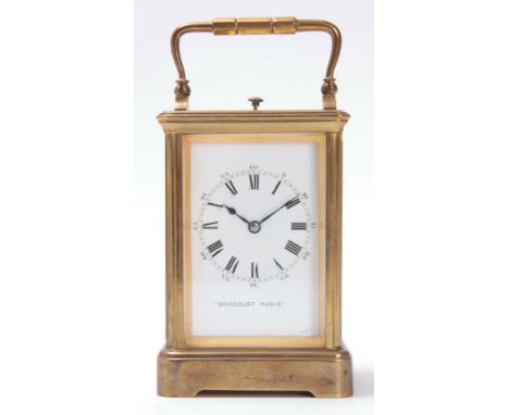 DROCOURT, PARIS. A LATE 19th CENTURY FRENCH REPEATING CARRIAGE CLOCK having a brass corniche case enclosing an enamel dial wi
