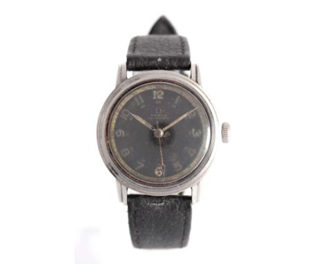 A GENTLEMAN'S 1940's MILITARY STYLE OMEGA WRIST WATCH  on black leather strap, the steel screw-back case enclosing a black di