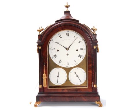 GRANT, FLEET STREET, LONDON. No. 269. A FINE QUALITY FIGURED MAHOGANY QUARTER CHIMING BRACKET CLOCK the arched case surmounte