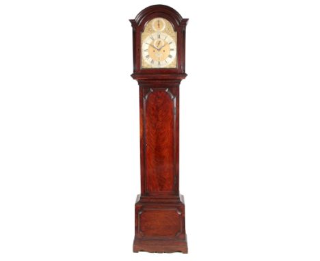 JOHN ARNOLD, LONDON. A FINE GEORGE III FLAMED MAHOGANY DOMESTIC REGULATOR LONGCASE CLOCK the elegant case surmounted with a b