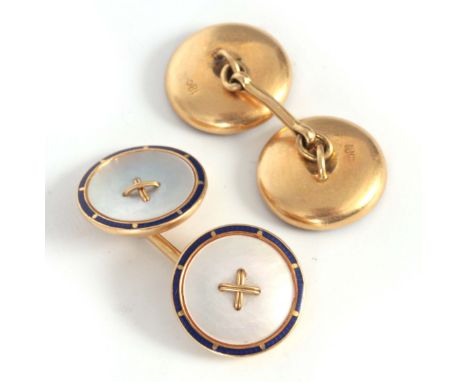 A PAIR OF 18CT GOLD CUFFLINKS with mother of pearl buttons decorated with blue enamel borders and gold cross stitch centres a