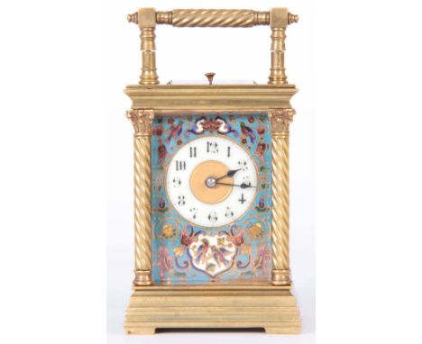 RICHARD &amp; CO. PARIS. A LATE 19TH CENTURY FRENCH CHAMPLEVE ENAMEL REPEATING CARRIAGE CLOCK the brass case with twisted Cor