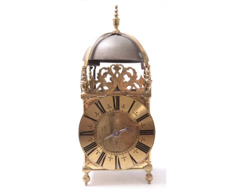 THOMAS STUBBS, LONDON. A LATE 17th CENTURY LANTERN CLOCK of typical form with brass bell straps and bell above a 6.5" Roman d