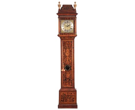 JOHN SHAW, HOLBORNE. A LATE 17th CENTURY WALNUT AND MARQUETRY LONGCASE CLOCK having a caddy top hood above an inlaid glazed d