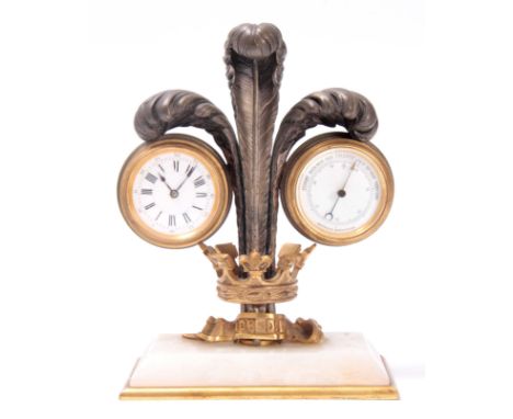 A LATE 19th CENTURY FRENCH CLOCK BAROMETER DESK COMPENDIUM the ormolu and silvered stand formed as a crown and the Prince of 