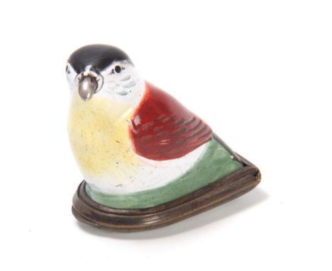 A LATE 18TH/EARLY 19TH CENTURY SOUTH STAFFORDSHIRE ENAMEL BONBONNIERE modelled as a seated bird with painted flower spray to 