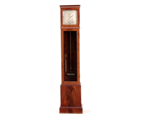 A 20th CENTURY FIGURED MAHOGANY REGULATOR LONGCASE CLOCK OF SMALL PROPORTIONS the hood with reeded moulds above a long glazed