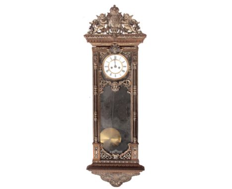 AN UNUSUAL LATE 19th CENTURY CAST IRON DOUBLE WEIGHT VIENNA STYLE WALL CLOCK the silvered and gilt cast-iron case having a wi