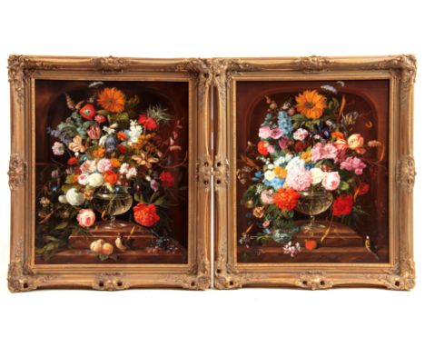 R. M. CROMPTON. OIL ON BOARD. A pair of still life paintings depicting flowers and goldfinch 60cm high, 49.5cm wide - signed 