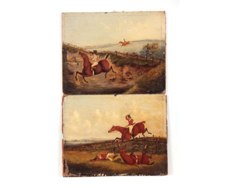 A PAIR OF 19th CENTURY OILS ON BOARD IN THE STYLE OF HENRY ALKIN depicting hunting scenes 24cm high, 30.5cm wide