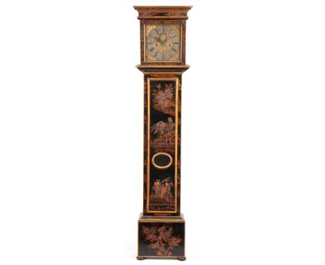 DANIEL QUARE, LONDON. A RARE LATE 17th CENTURY MONTH DURATION BLACK LACQUER AND CHINOISERIE LONGCASE CLOCK the case with moul