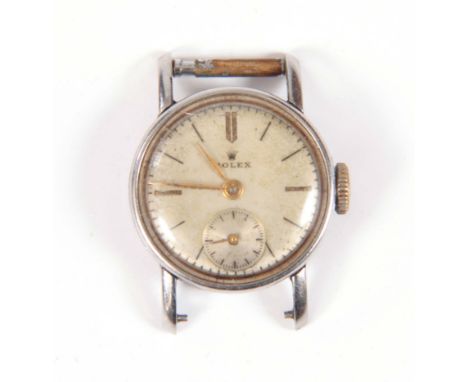 A LADIES VINTAGE STEEL ROLEX having a silvered dial with gold and black baton markers and subsidiary seconds dial fronting a 