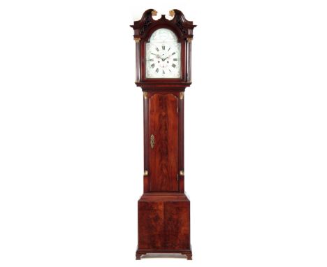 SAMUAL CLARE, WARRINGTON. A RARE GEORGE III FIGURED MAHOGANY CASED LONGCASE CLOCK WITH A BATTERSEA ENAMELLED DIAL the hood wi